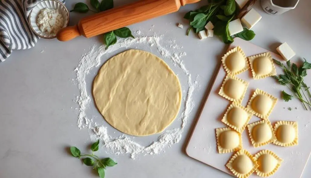 A round sheet of gluten-free ravioli dough on a floured surface, with fresh herbs, ricotta, and a rolling pin nearby.