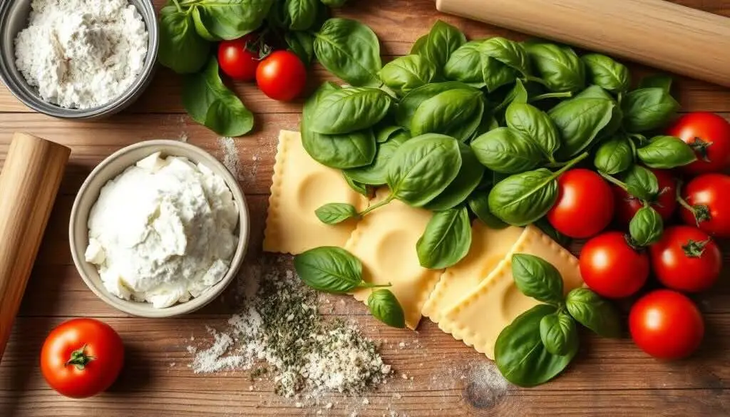 Fresh ingredients for gluten-free ravioli, including ricotta cheese, basil, tomatoes, and pasta sheets on a wooden surface.