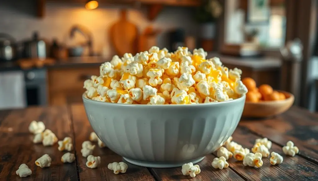 A large white bowl filled with hot popcorn on a rustic wooden table in a kitchen.