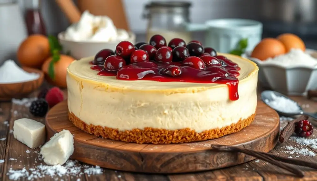 A classic cheesecake made with a rich cheesecake mix, topped with cherry sauce and surrounded by baking ingredients.