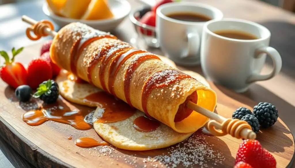 A golden pancake sausage on a stick drizzled with syrup, served with fresh berries and coffee.