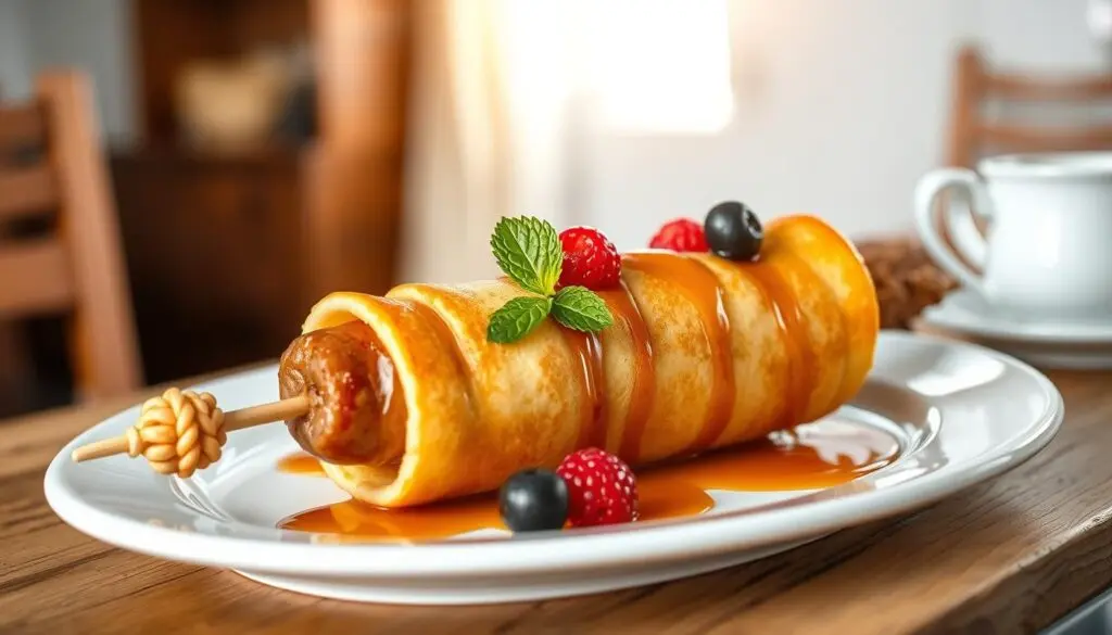 A pancake-wrapped sausage on a skewer, topped with syrup and garnished with fresh berries.