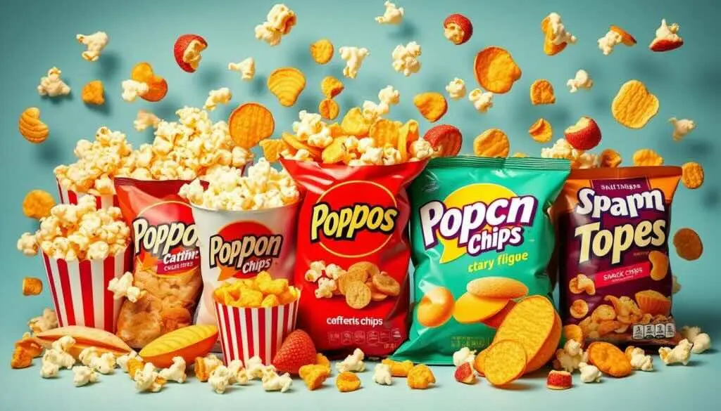 A vibrant display of popcorn chips in colorful bags with popcorn and crispy chips flying in the air.