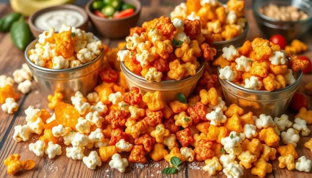 A mix of popcorn chips in bowls, featuring spicy, cheesy, and classic flavors with fresh ingredients in the background.