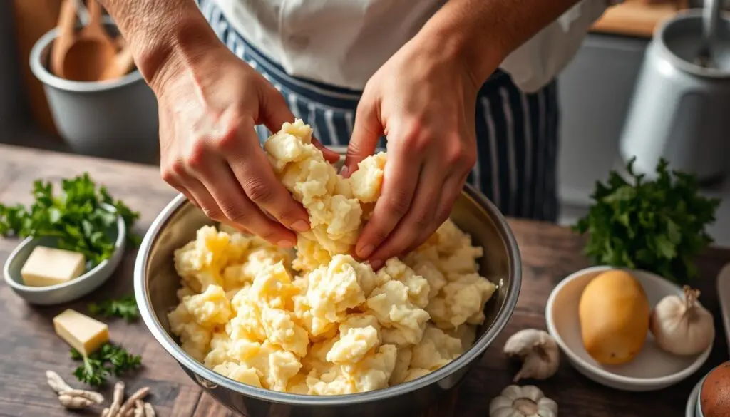 A chef preparing mashed potatoes in a mixing bowl with butter, garlic, and herbs.