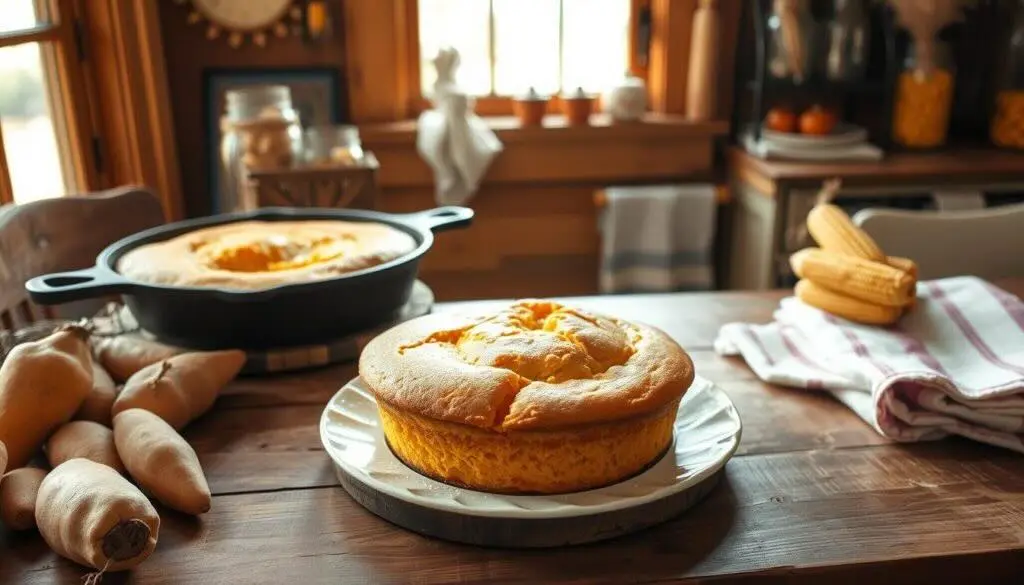 A freshly baked sweet potato cornbread on a plate, with another in a cast iron skillet, set in a cozy rustic kitchen.