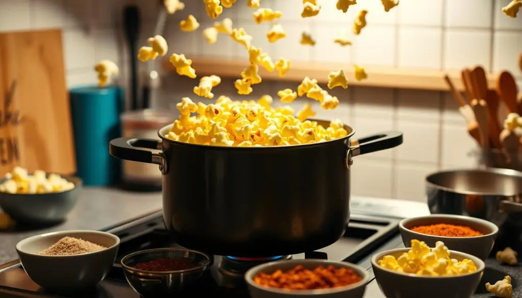 Hot popcorn popping out of a stovetop pot with seasoning bowls nearby in a kitchen.