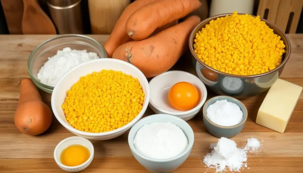 Fresh ingredients for sweet potato cornbread, including butternut squash, cornmeal, eggs, butter, and baking essentials, arranged on a wooden surface.