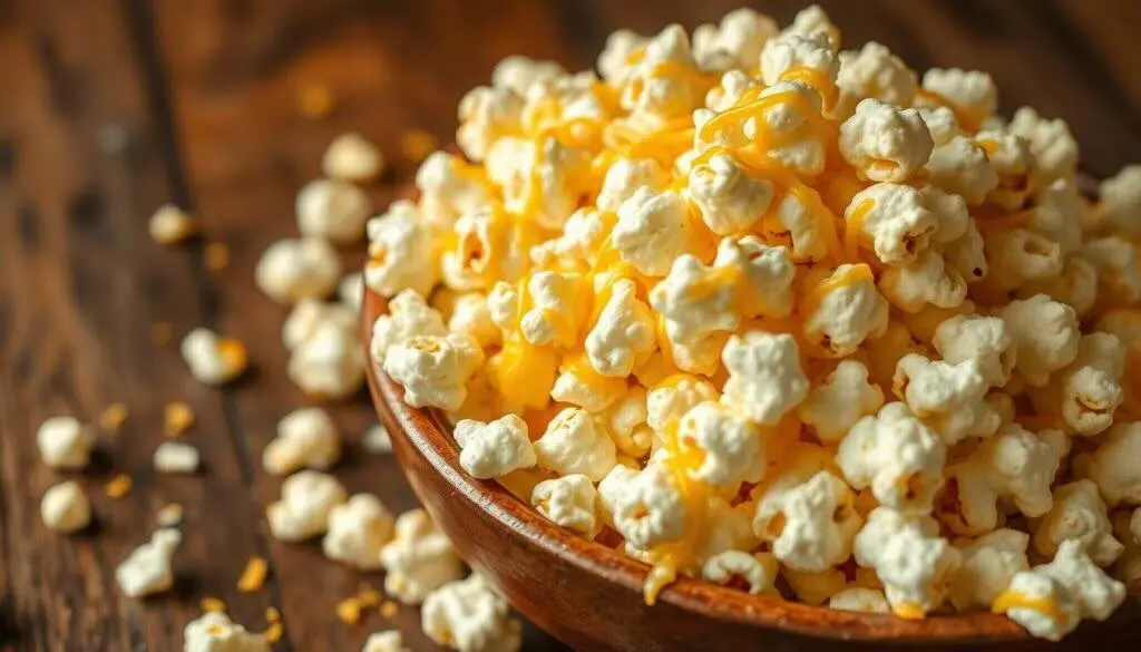 A wooden bowl filled with white cheddar popcorn drizzled with melted cheese, surrounded by scattered popcorn on a wooden table.