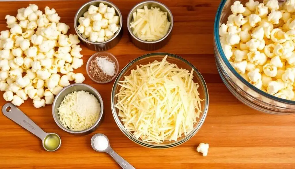 Ingredients for making white cheddar popcorn, including popcorn, shredded cheese, salt, and seasonings, neatly arranged on a wooden surface.