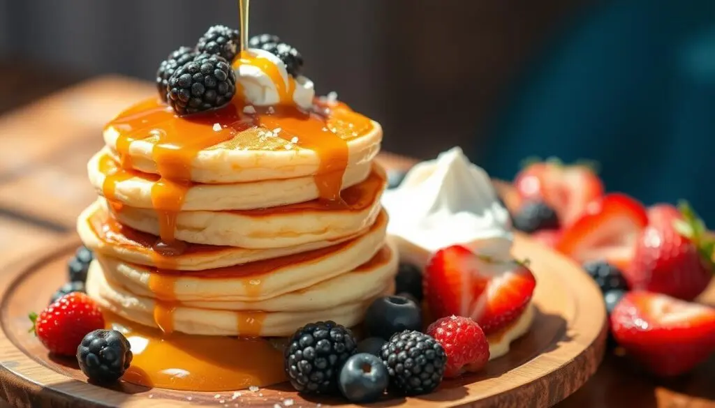 A stack of caramel salt pancakes drizzled with caramel sauce, topped with berries and whipped cream, on a wooden plate.