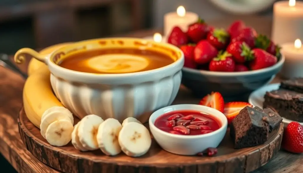 A creamy cheesecake fondue bowl surrounded by banana slices, strawberries, brownies, and a small bowl of berry sauce on a rustic wooden platter.