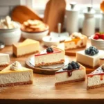 A variety of cheesecake slices made with cheesecake mix, topped with berries, caramel, and whipped cream in a cozy kitchen setting.