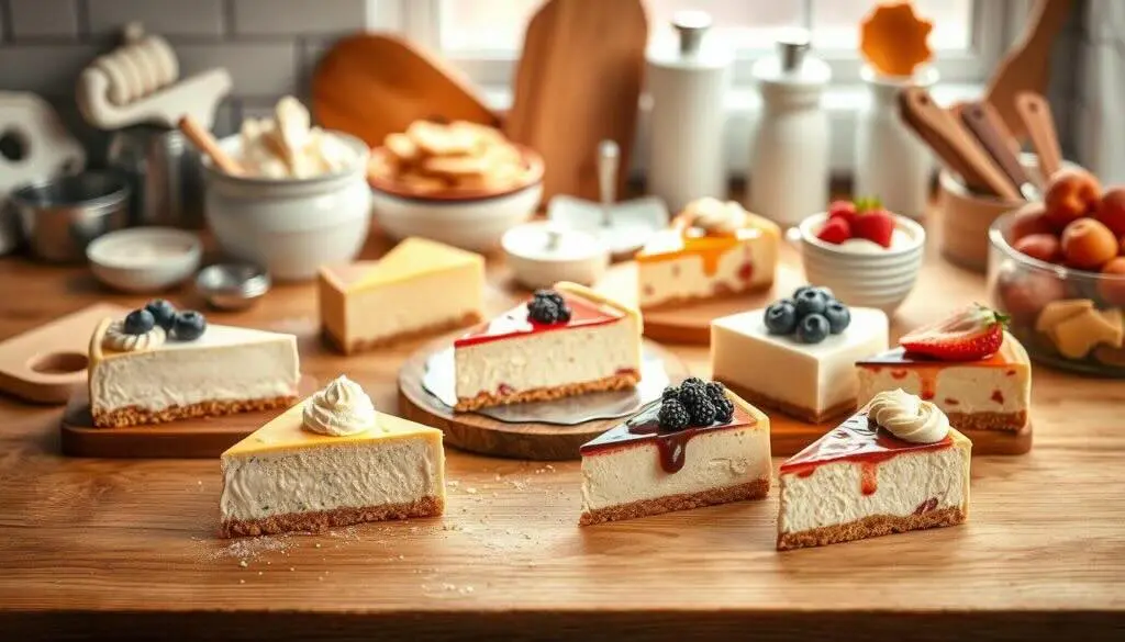 A variety of cheesecake slices made with cheesecake mix, topped with berries, caramel, and whipped cream in a cozy kitchen setting.