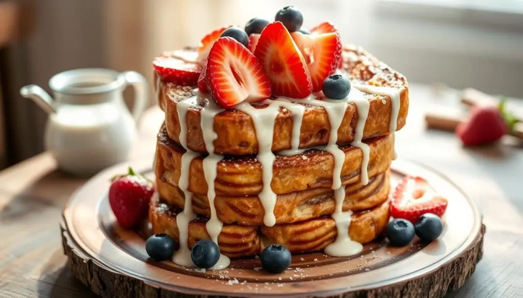 A tall stack of cinnamon roll French toast drizzled with icing, topped with strawberries and blueberries on a wooden platter.