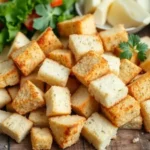 A pile of gluten-free croutons on a wooden board with fresh salad greens, cheese, and dressing in the background.