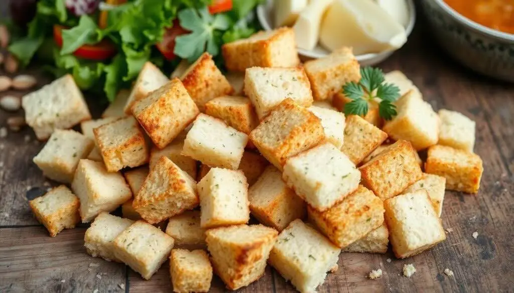 A pile of gluten-free croutons on a wooden board with fresh salad greens, cheese, and dressing in the background.