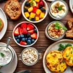 A spread of gluten free dairy free breakfast dishes, including avocado toast, chia pudding, fruit bowls, and egg muffins.