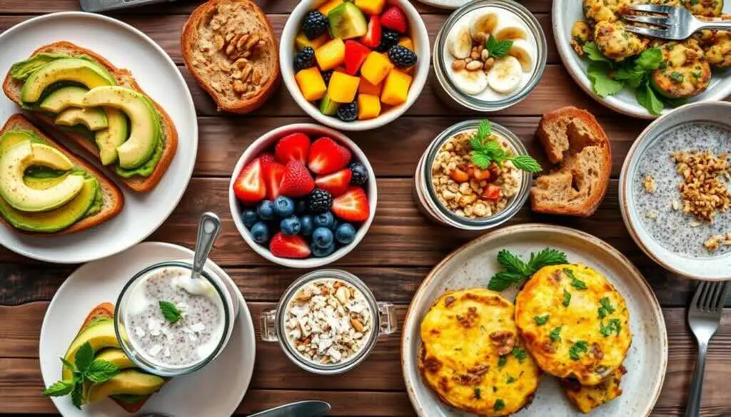 A spread of gluten free dairy free breakfast dishes, including avocado toast, chia pudding, fruit bowls, and egg muffins.