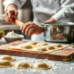 A chef preparing gluten-free ravioli by sealing pasta sheets with a rolling pin, surrounded by fresh ingredients in a kitchen.