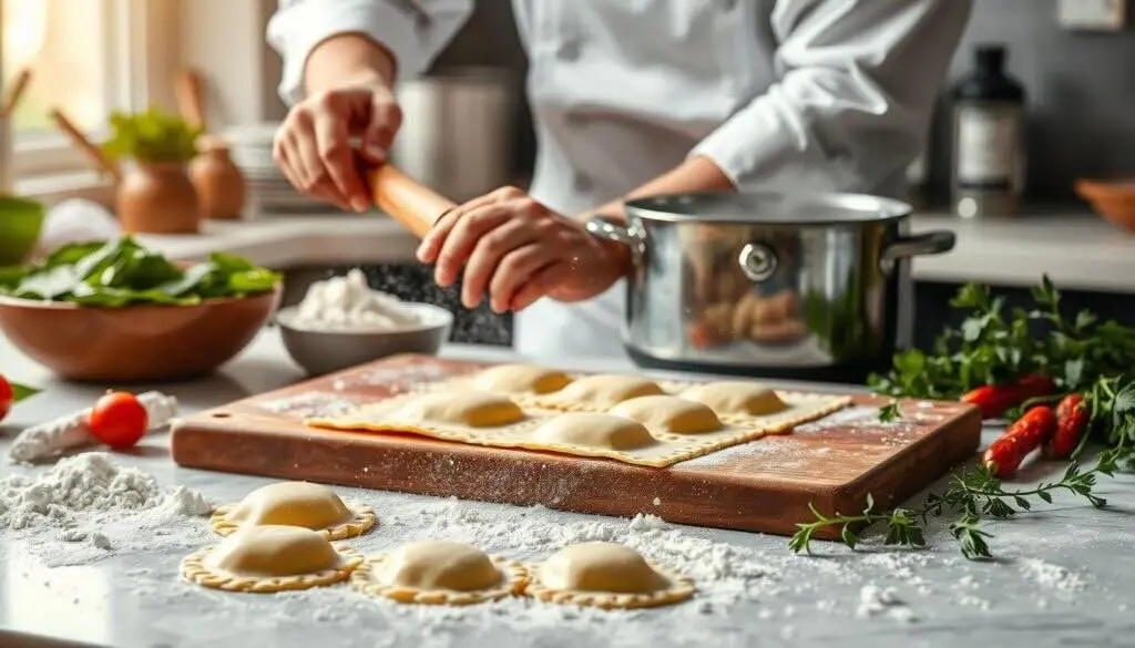 A chef preparing gluten-free ravioli by sealing pasta sheets with a rolling pin, surrounded by fresh ingredients in a kitchen.