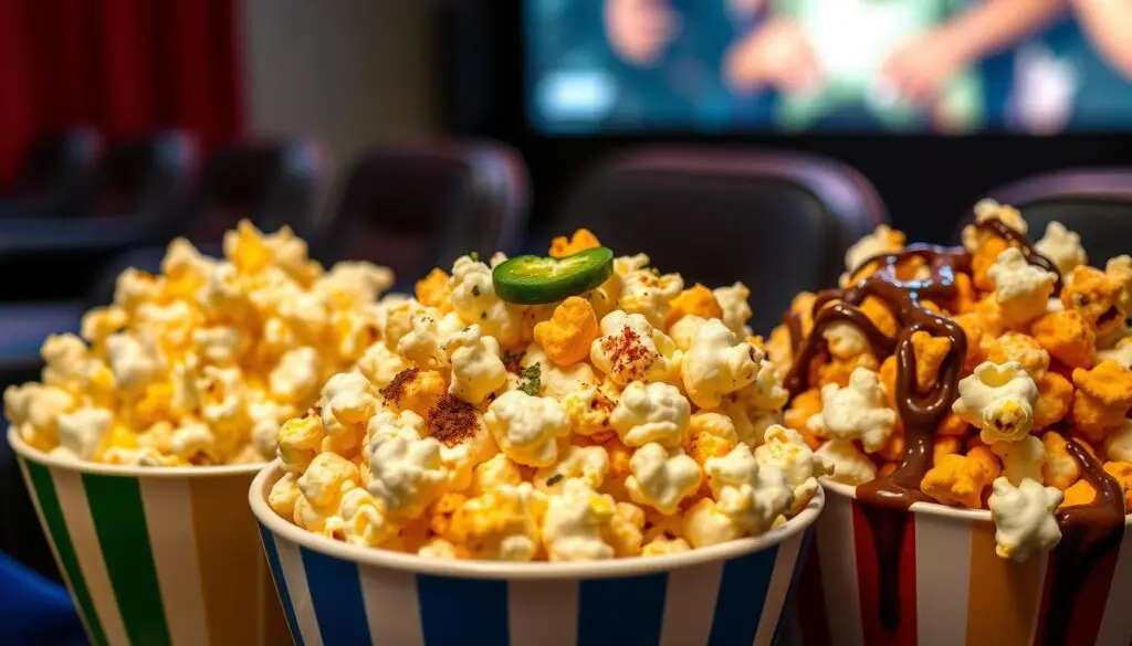 Three buckets of hot popcorn with different seasonings in a movie theater setting.