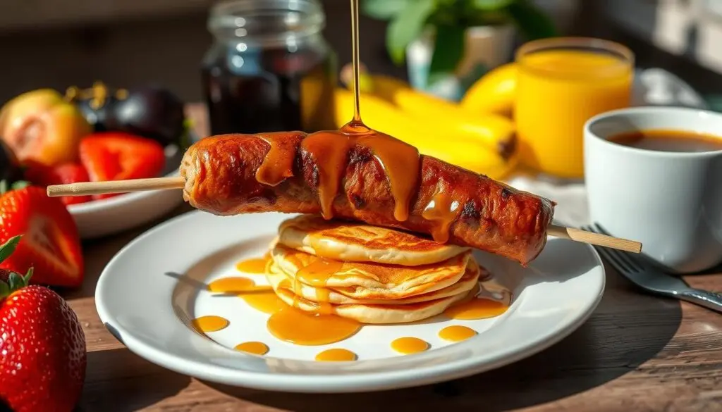 A grilled sausage on a stick with syrup over a stack of pancakes, accompanied by fruit and coffee.