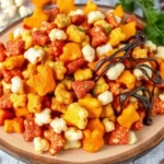 A plate of popcorn chips drizzled with chocolate and garnished with herbs, nuts, and spices.