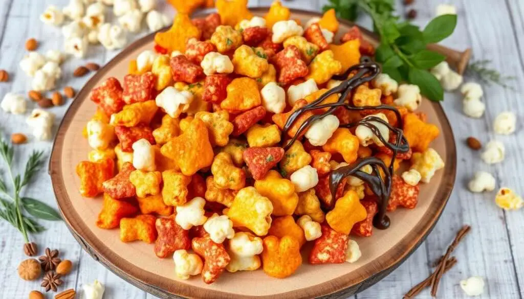 A plate of popcorn chips drizzled with chocolate and garnished with herbs, nuts, and spices.