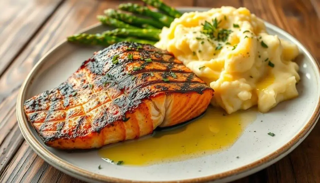 A plated dish of grilled salmon and mashed potatoes, garnished with asparagus and drizzled with butter.