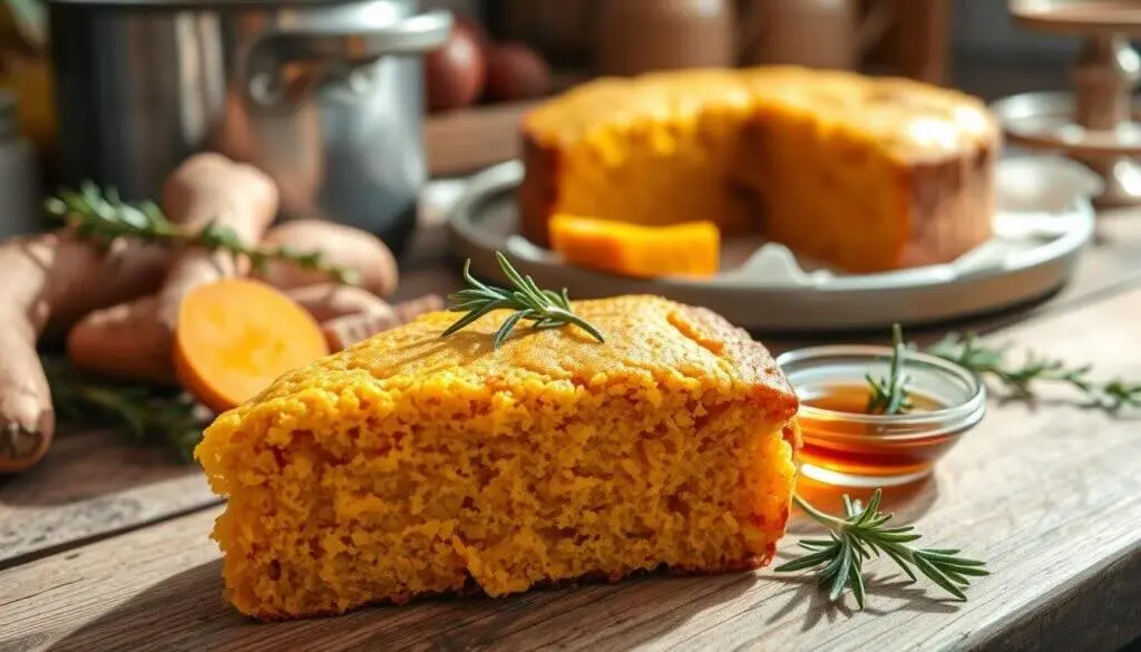 A slice of sweet potato cornbread garnished with rosemary, served with honey, and a whole cornbread in the background.