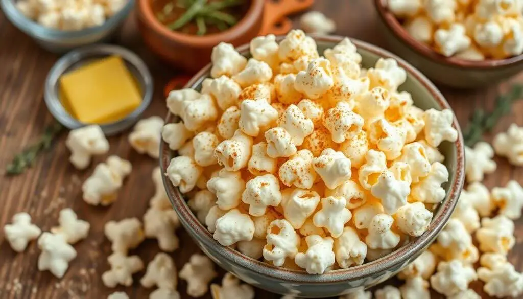 A bowl of white cheddar popcorn with seasoning on top, placed on a wooden surface with scattered popcorn and ingredients in the background.